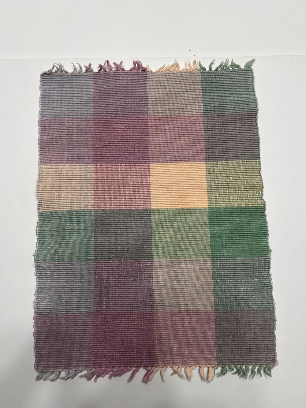 Handwoven Checkered Throw Rug in Pastel Greens, Pinks & Cream, set of 4